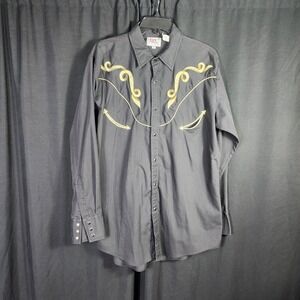 ELY DIAMOND Western Cowboy Shirt Black Gold Embroidery Pearl Snap Men L